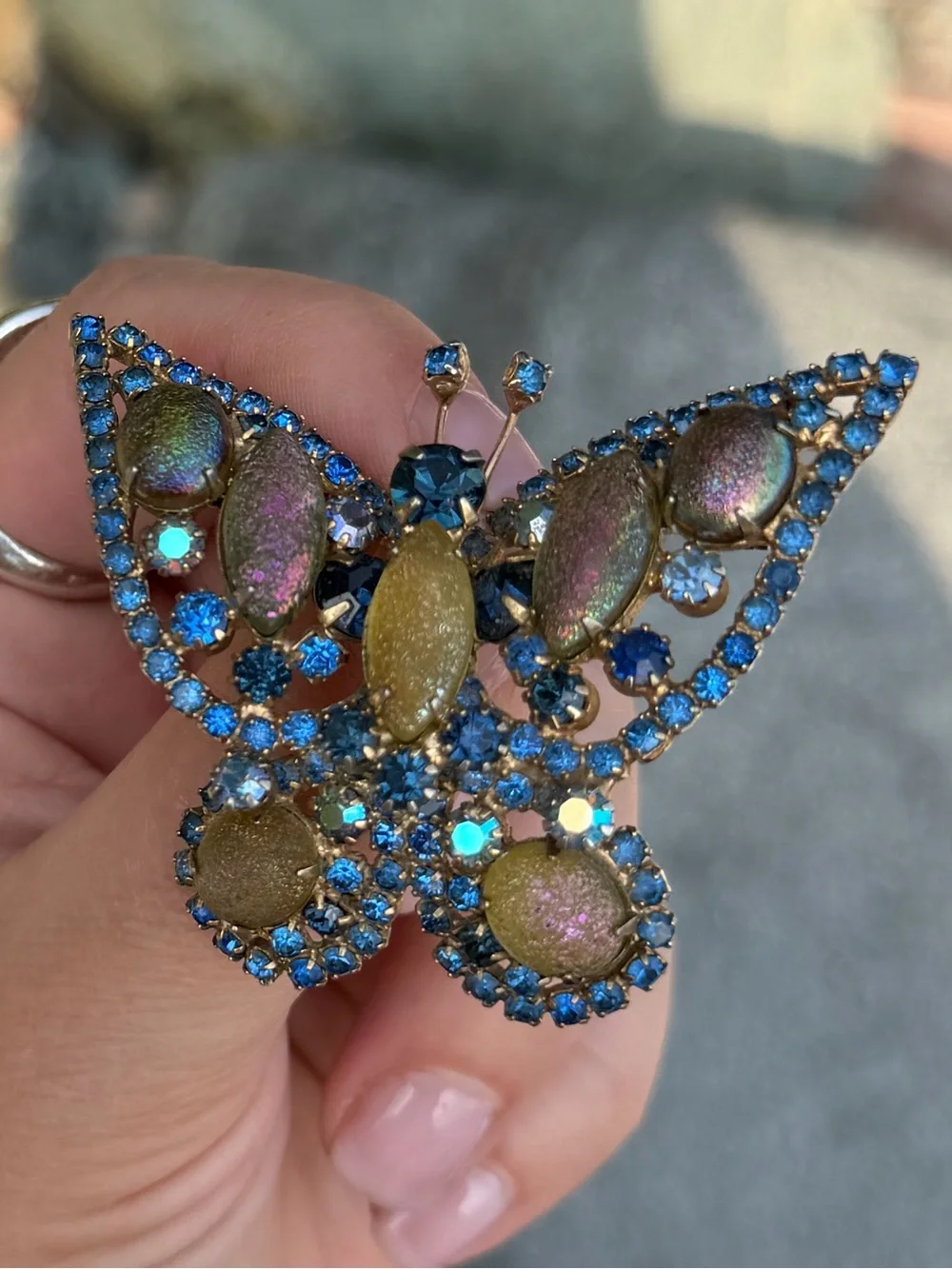 Vintage Blue Frosted Unique Crystal Butterfly Statement Brooch